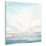 Abstract seascape painting with soft pastel hues of blue, pink, and yellow depicting a calm ocean under a bright, cloudy sky at sunrise or sunset.