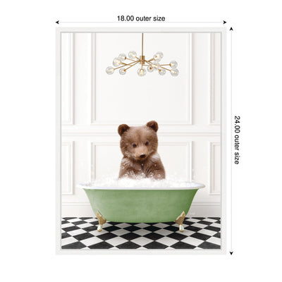 Sylvie Bear Cub in Green Bathtub Checker Floor Framed Canvas by Amy Peterson