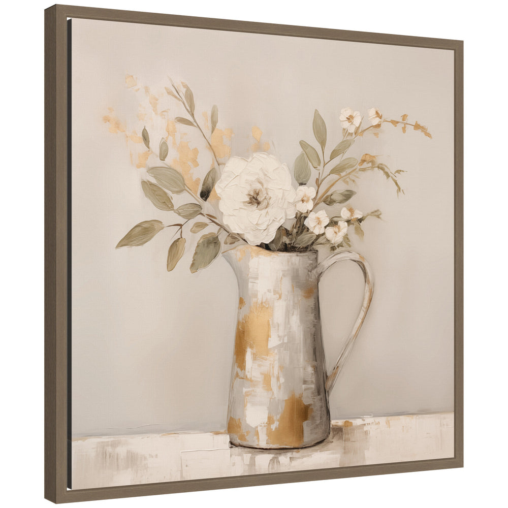 Framed canvas art depicting a still life of a gold pitcher with flowers against a boho country background