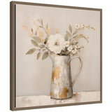 Framed canvas art depicting a still life of a gold pitcher with flowers against a boho country background