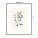 Simple line drawing of flowers with leaves in a ribbed vase, framed with measurements showing 34 by 42 inches outer size.