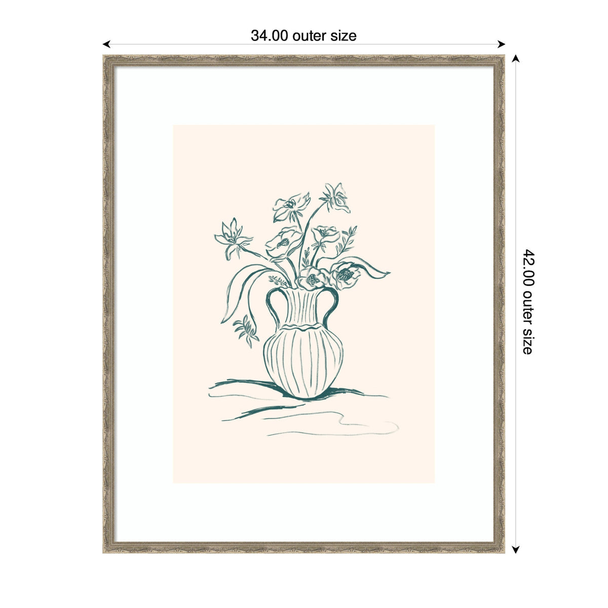 Simple line drawing of flowers with leaves in a ribbed vase, framed with measurements showing 34 by 42 inches outer size.