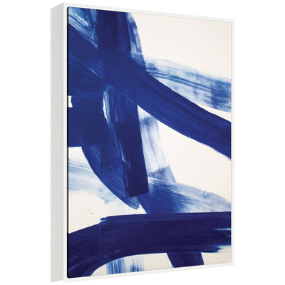 Framed canvas wall art titled Cobalt Mark No.
1 by Amy Lighthall, featuring geometric cobalt blue forms, in a Sylvie white frame