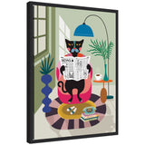 Framed abstract art of a black cat reading a newspaper by Rachel Lee