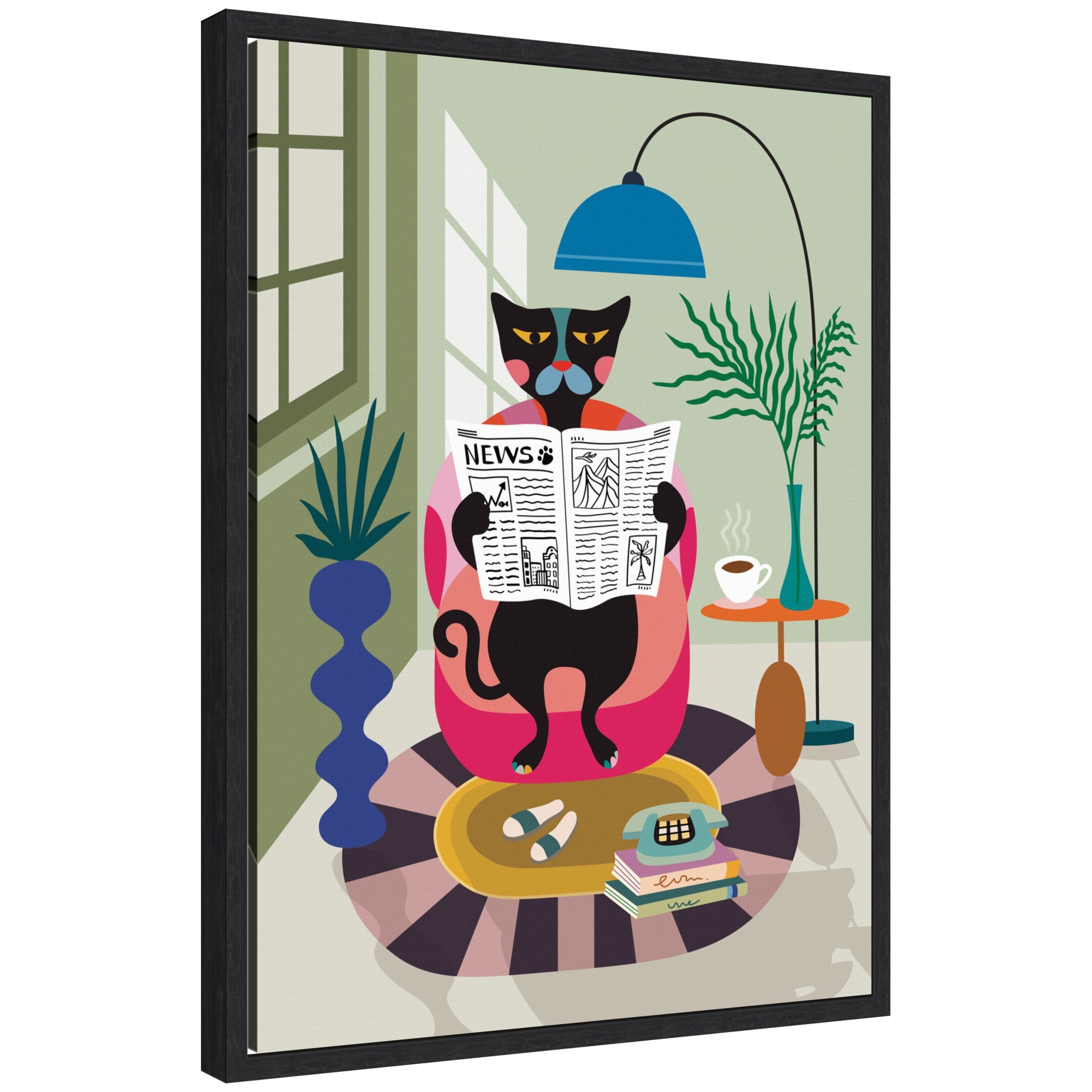 Framed abstract art of a black cat reading a newspaper by Rachel Lee