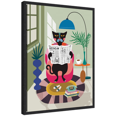 Framed abstract art of a black cat reading a newspaper by Rachel Lee