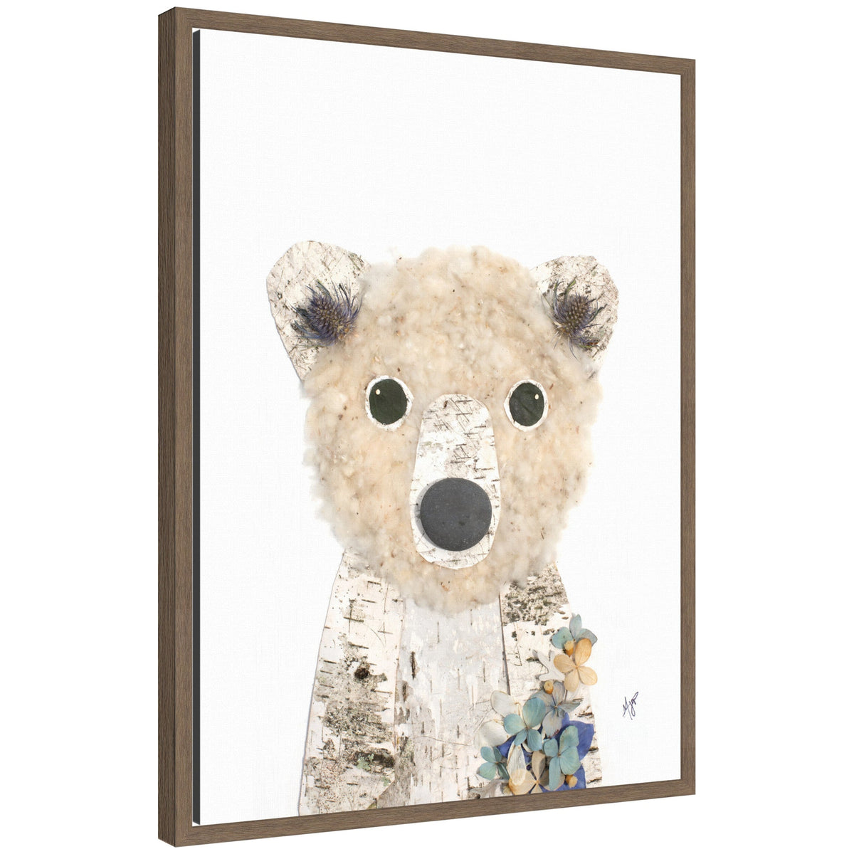 Framed canvas print of a stylized polar bear with textured fur head, birch bark body, and blue and beige floral accents near the shoulder, on a white background.