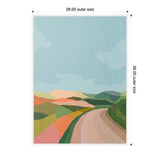 Framed canvas print of a stylized landscape with a winding road flanked by hills in shades of green, pink, orange, and beige under a cloudy blue sky.