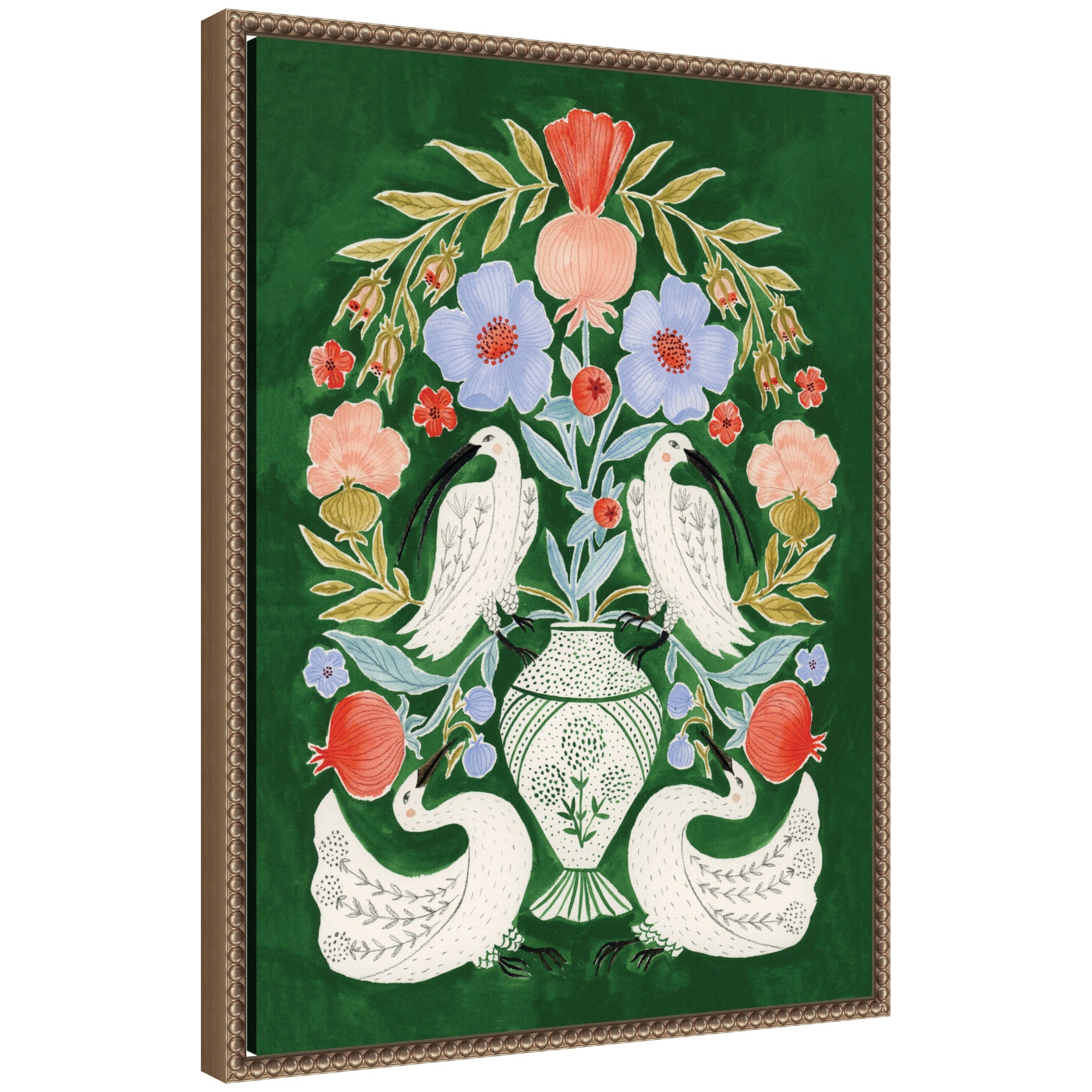 Floral Folklore Ibises and Swan framed canvas wall art print by Jill Labieniec with beaded dark gold frame