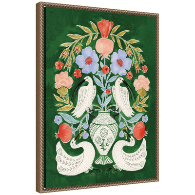 Floral Folklore Ibises and Swan framed canvas wall art print by Jill Labieniec with beaded dark gold frame