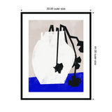 Abstract artwork featuring a large white geometric vase with black angular branches and stars against a muted beige background and a bold blue base.