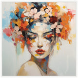 Abstract female portrait with closed eyes, adorned with large, colorful flowers including white, red, and orange hues in her hair, on a soft muted background.