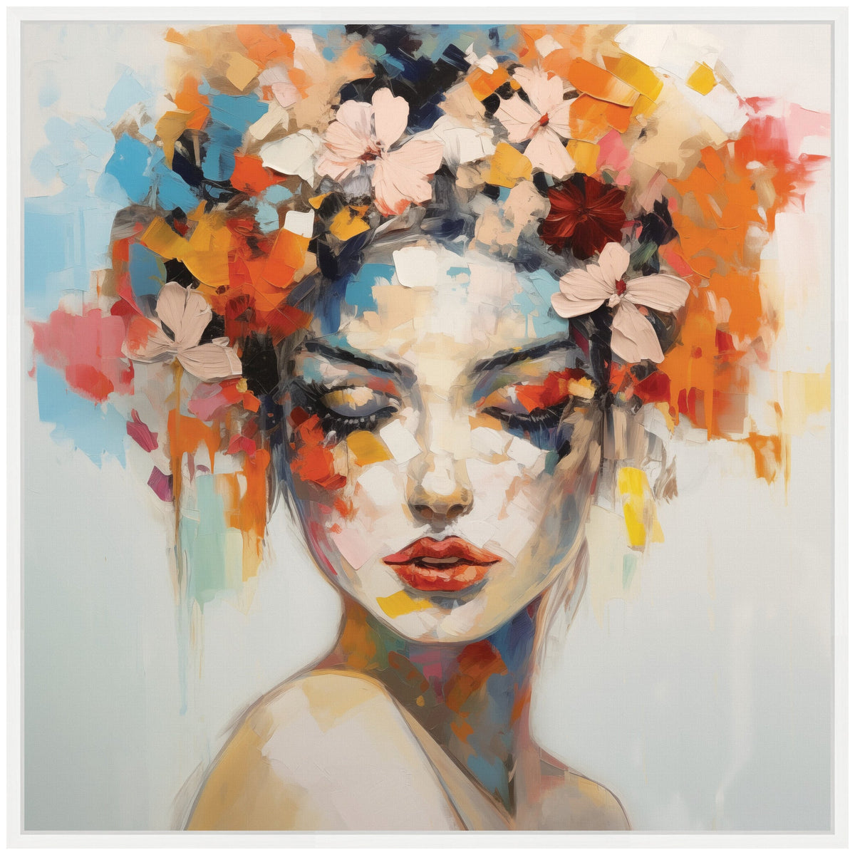Abstract female portrait with closed eyes, adorned with large, colorful flowers including white, red, and orange hues in her hair, on a soft muted background.