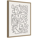 Framed canvas wall art with an abstract black continuous line drawing on a white background, featuring interconnected organic shapes and loops.