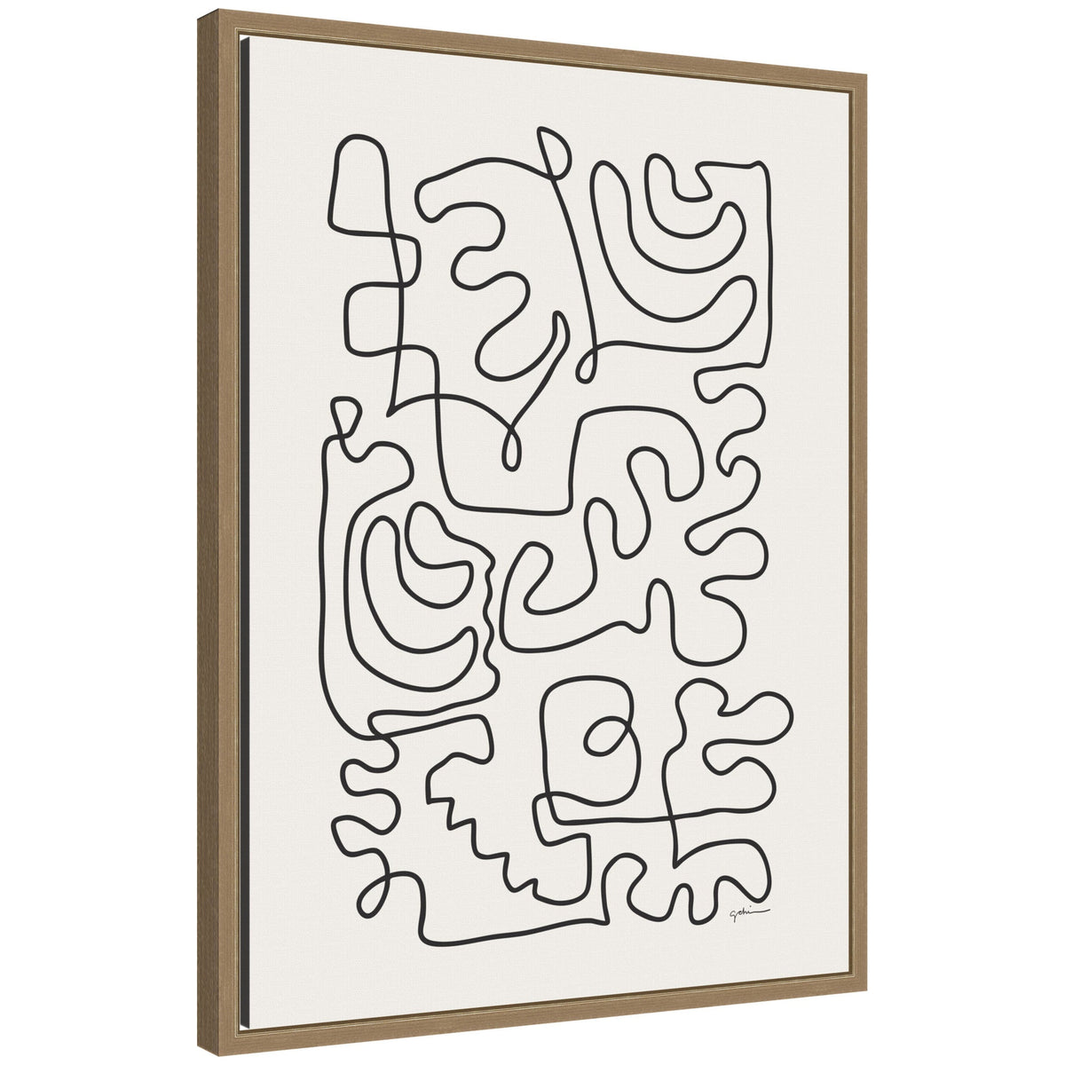 Framed canvas wall art with an abstract black continuous line drawing on a white background, featuring interconnected organic shapes and loops.