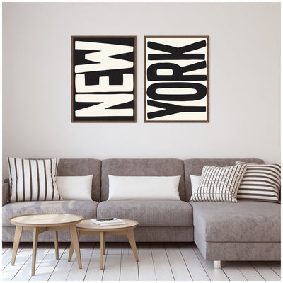 New York Set Print Travel City Typography Black and White 2 Piece Framed Canvas Wall Art Set by Lucky Guava