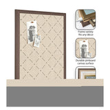 Beige pinboard with a diagonal lattice pattern held in a dark wood frame, displaying two black and white pinned photos.