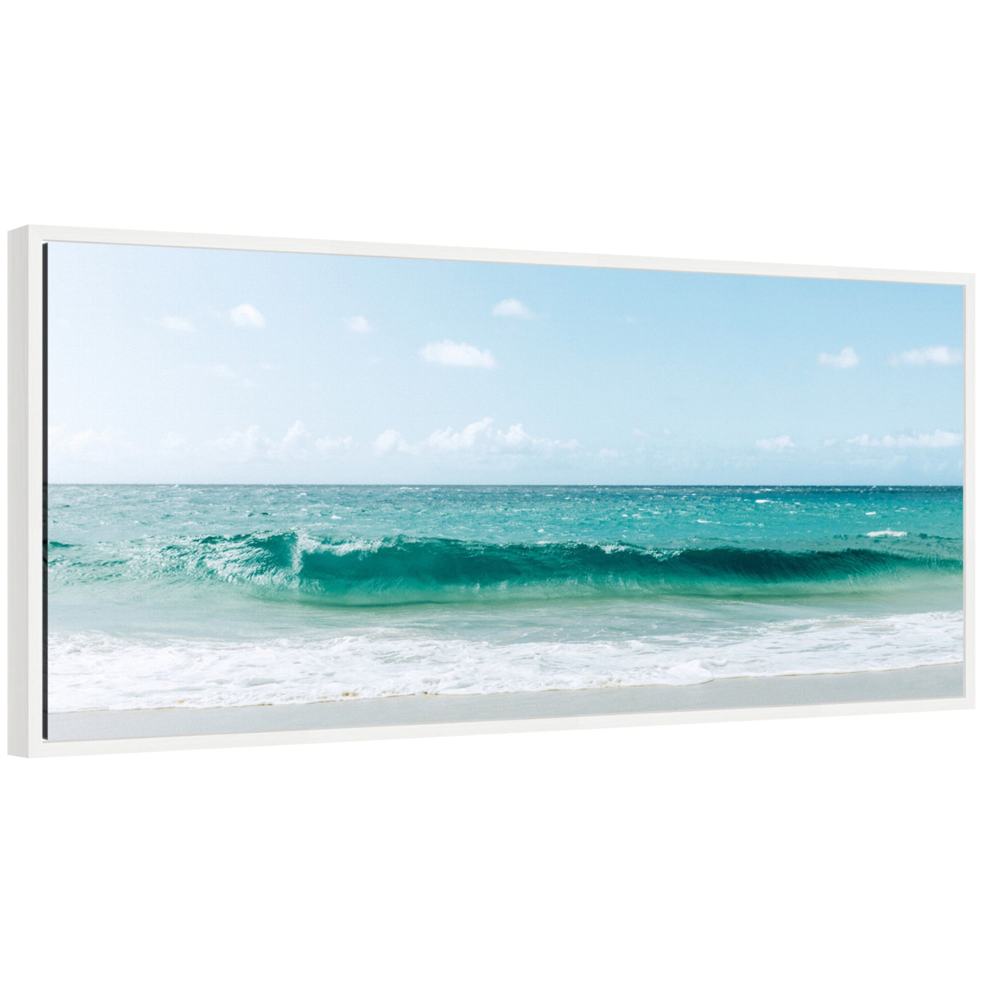 Framed canvas art titled Sylvie Beach Ocean Day over Blue Clear Waters showing a blue ocean view
