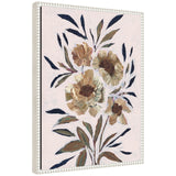 Canvas painting of beige and brown flowers with dark green and navy leaves on a light pink background, framed with a white ridged border, shown at slight angle.