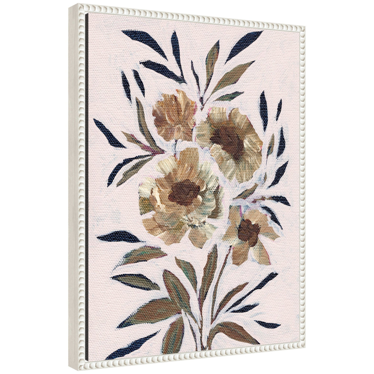 Canvas painting of beige and brown flowers with dark green and navy leaves on a light pink background, framed with a white ridged border, shown at slight angle.