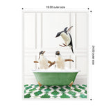 Three penguins playing in a vintage clawfoot bathtub filled with bubbles, set against white paneled walls and green-and-white patterned tile floor.