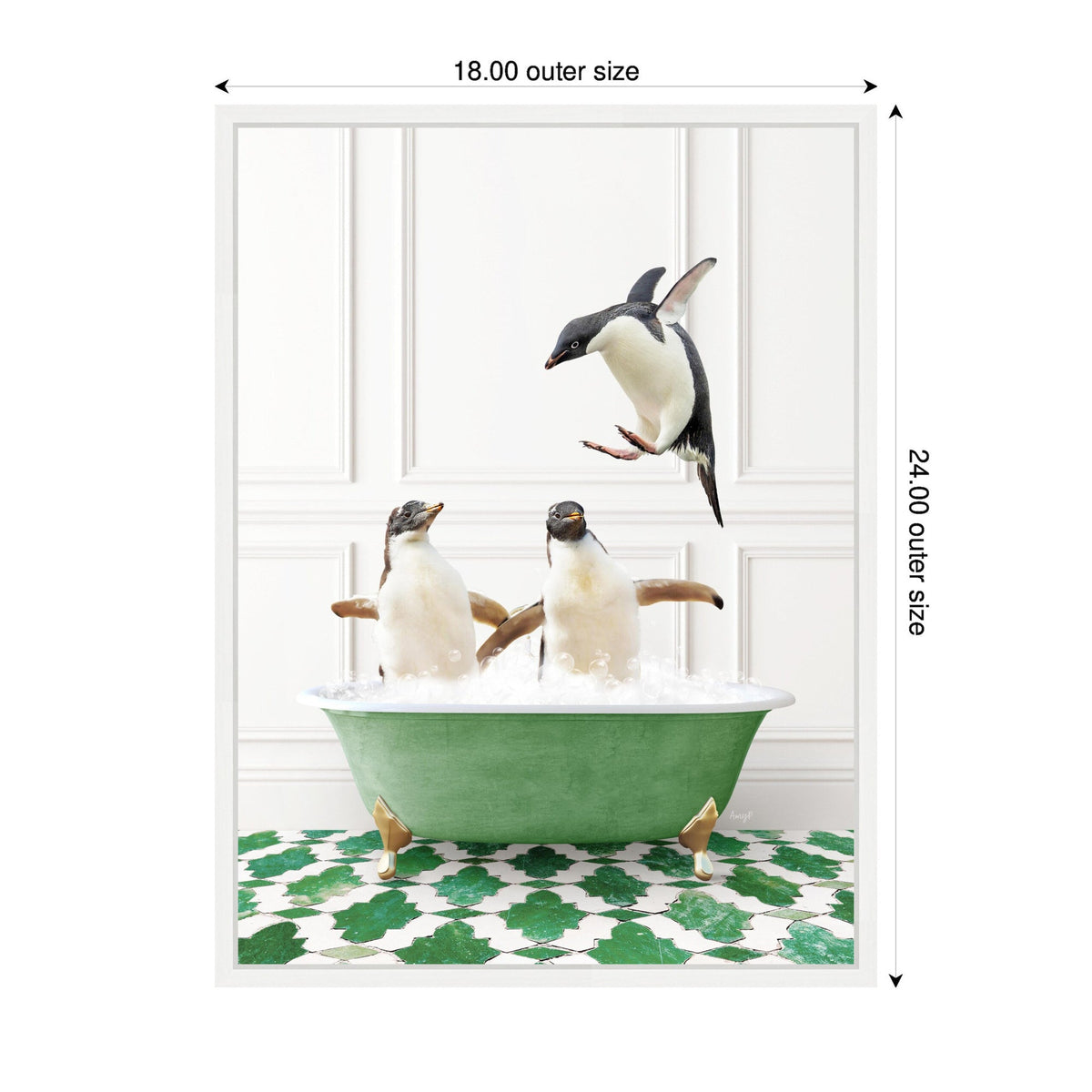 Three penguins playing in a vintage clawfoot bathtub filled with bubbles, set against white paneled walls and green-and-white patterned tile floor.