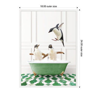 Sylvie Penguins in Eclectic Green Panel Wall Bathtub Framed Canvas by Amy Peterson
