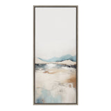 Abstract landscape with soft blue mountains, sandy beige foreground, and reflective water under a pale sky in a tall rectangular frame.
