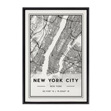 Black and white detailed street map of New York City with coordinates and framed black border, showing Manhattan and parts of surrounding boroughs.