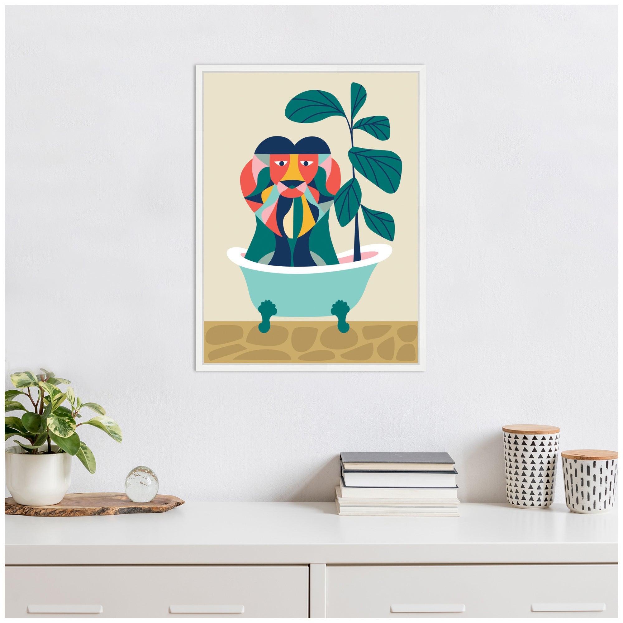 Sylvie MCM Lion in Bathtub Framed Canvas by Rachel Lee