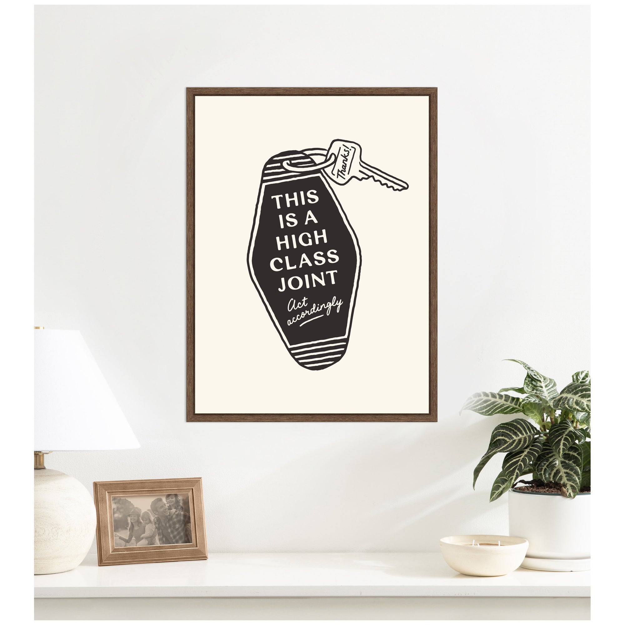 Retro Keychain This is a High Class Joint Black and White by Lucky Guava Framed Canvas Wall Art Print
