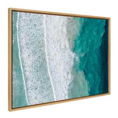 Sylvie Ocean Waves by the Bay framed canvas depicting ocean waves hitting the shore with soft coastal tones