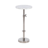Round white marble tabletop on adjustable metal stand with wingnut clamp and round base, shown against white background.