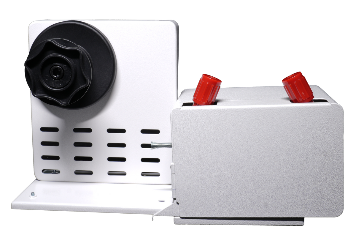 White automatic welding wire feeder TS1-5 with a large black dial on the left and two red adjustment knobs on top of the right section.