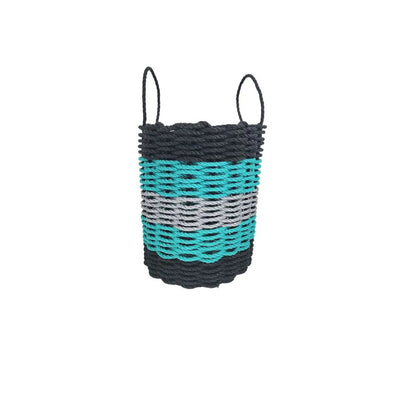 Five Stripe Rope Storage Basket in Black, Teal, and Gray, shown in multiple sizes