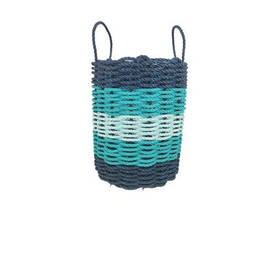 Five Stripe Rope Storage Basket in Navy Blue, Teal, and Seafoam colors, shown in three sizes