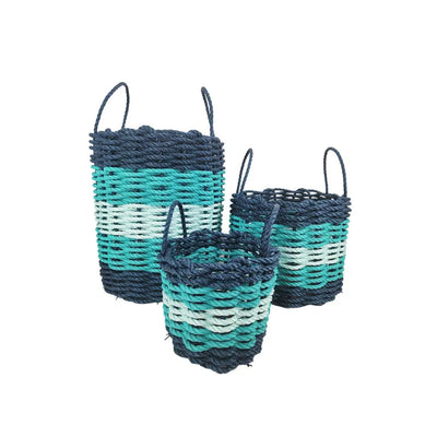 Five Stripe Rope Storage Basket in Navy Blue, Teal, and Seafoam colors, shown in three sizes