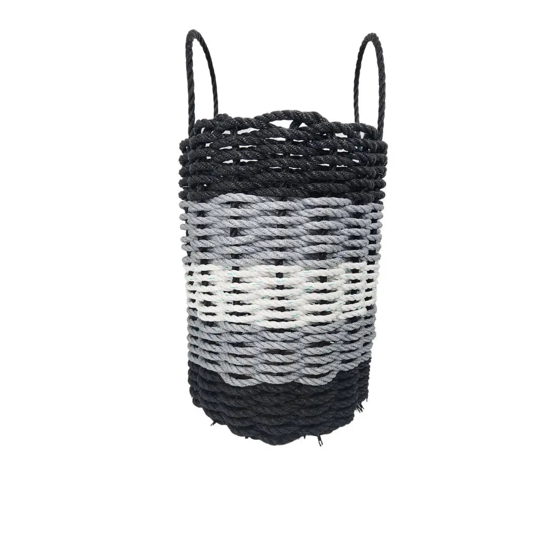 Five Stripe Rope Storage Basket in black, gray, and white stripes, shown in multiple sizes