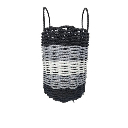 Five Stripe Rope Storage Basket in black, gray, and white stripes, shown in multiple sizes