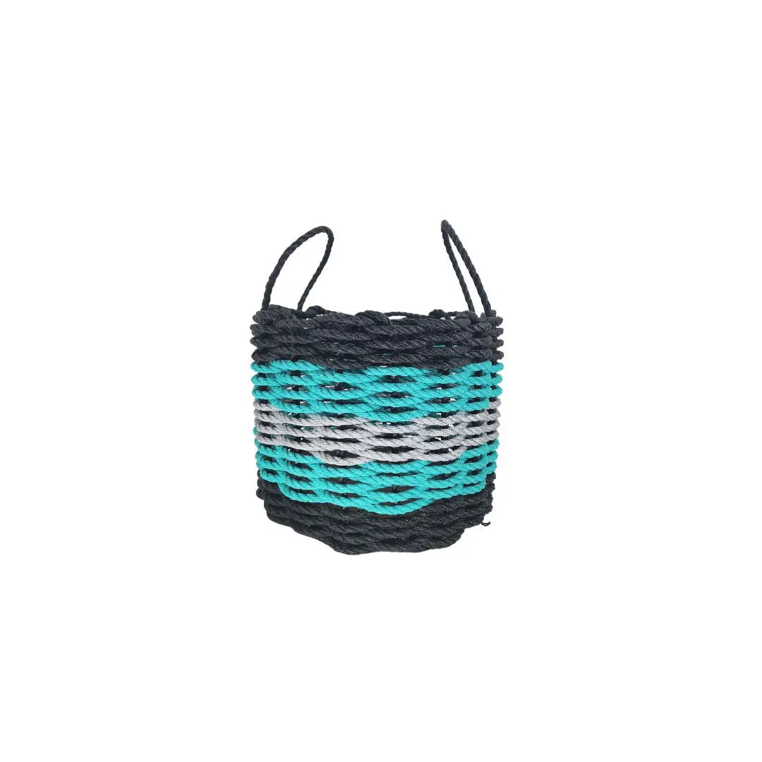 Five Stripe Rope Storage Basket in Black, Teal, and Gray, shown in multiple sizes