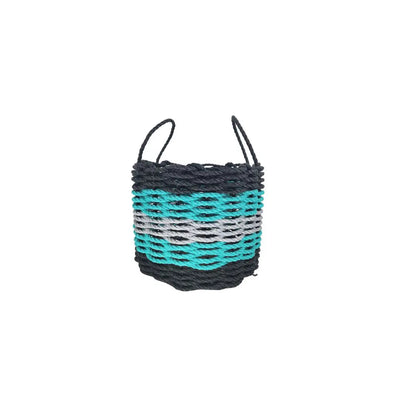 Five Stripe Rope Storage Basket in Black, Teal, and Gray, shown in multiple sizes