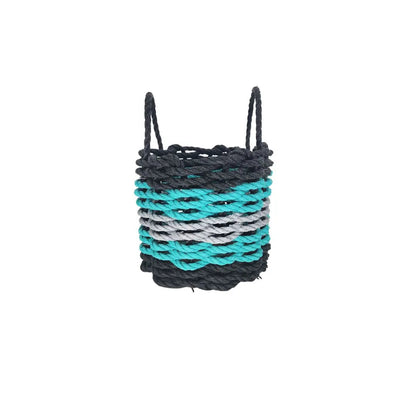 Five Stripe Rope Storage Basket in Black, Teal, and Gray, shown in multiple sizes