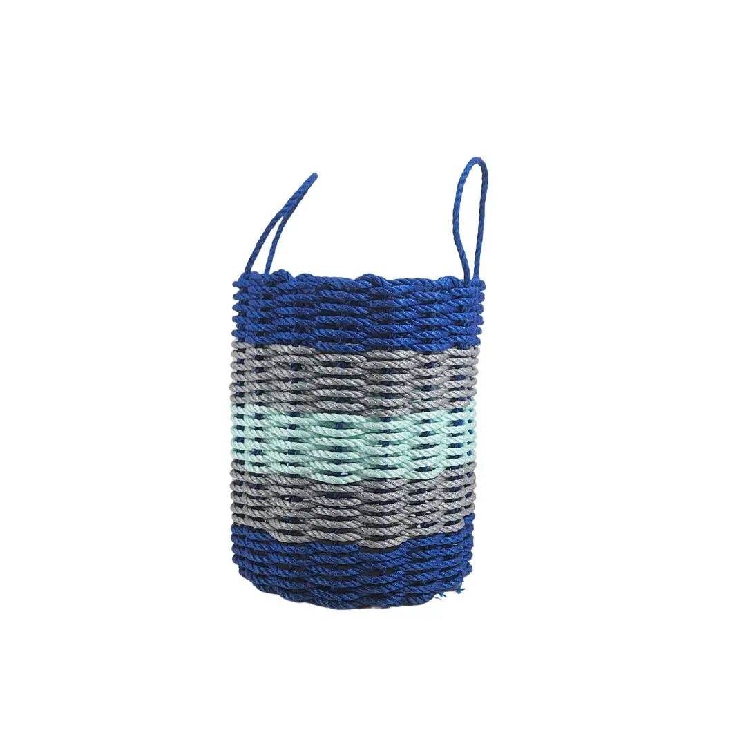 Five Stripe Rope Storage Basket in Blue, Gray, and Seafoam colors