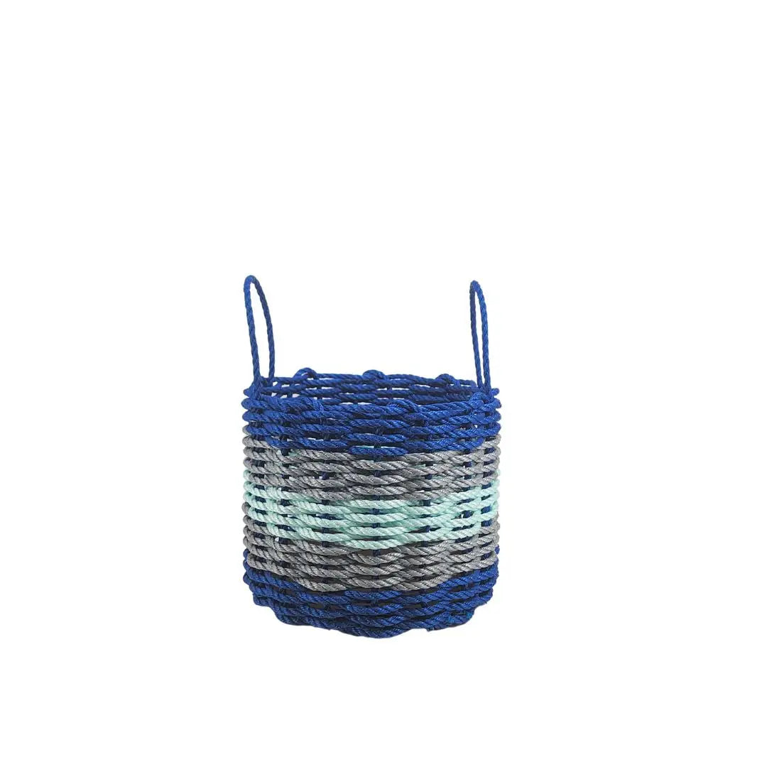 Five Stripe Rope Storage Basket in Blue, Gray, and Seafoam colors