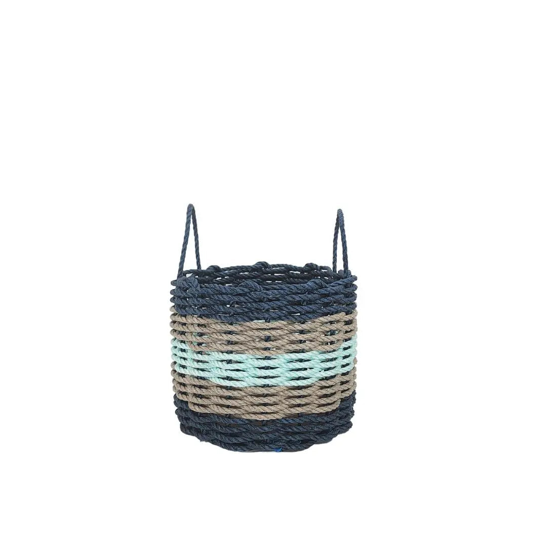 Five Stripe Rope Storage Basket in navy, tan, and seafoam colors, shown in multiple sizes