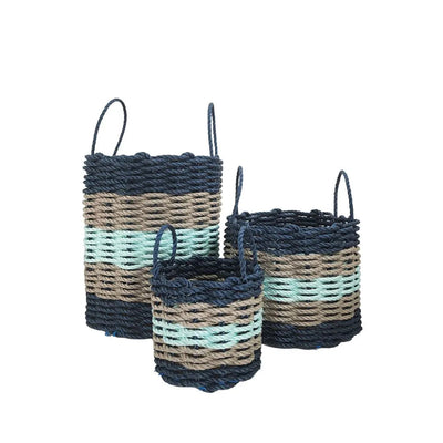 Five Stripe Rope Storage Basket in navy, tan, and seafoam colors, shown in multiple sizes