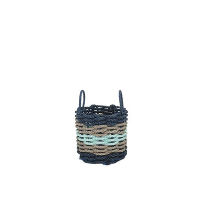 Five Stripe Rope Storage Basket in navy, tan, and seafoam colors, shown in multiple sizes