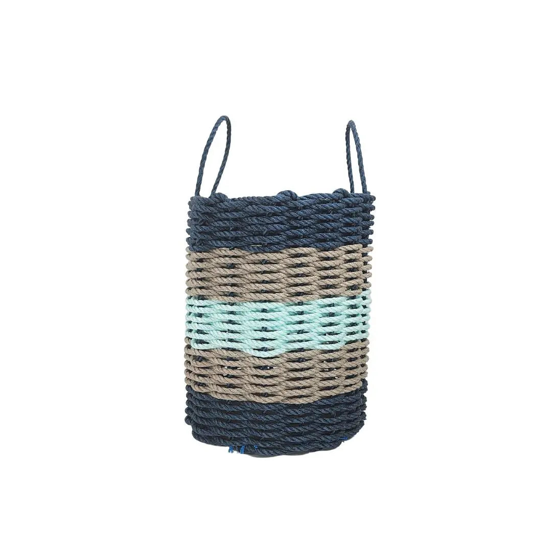 Five Stripe Rope Storage Basket in navy, tan, and seafoam colors, shown in multiple sizes