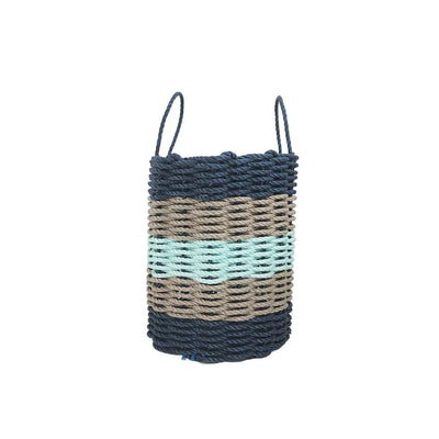 Five Stripe Rope Storage Basket in navy, tan, and seafoam colors, shown in multiple sizes
