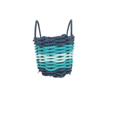 Five Stripe Rope Storage Basket in Navy Blue, Teal, and Seafoam colors, shown in three sizes